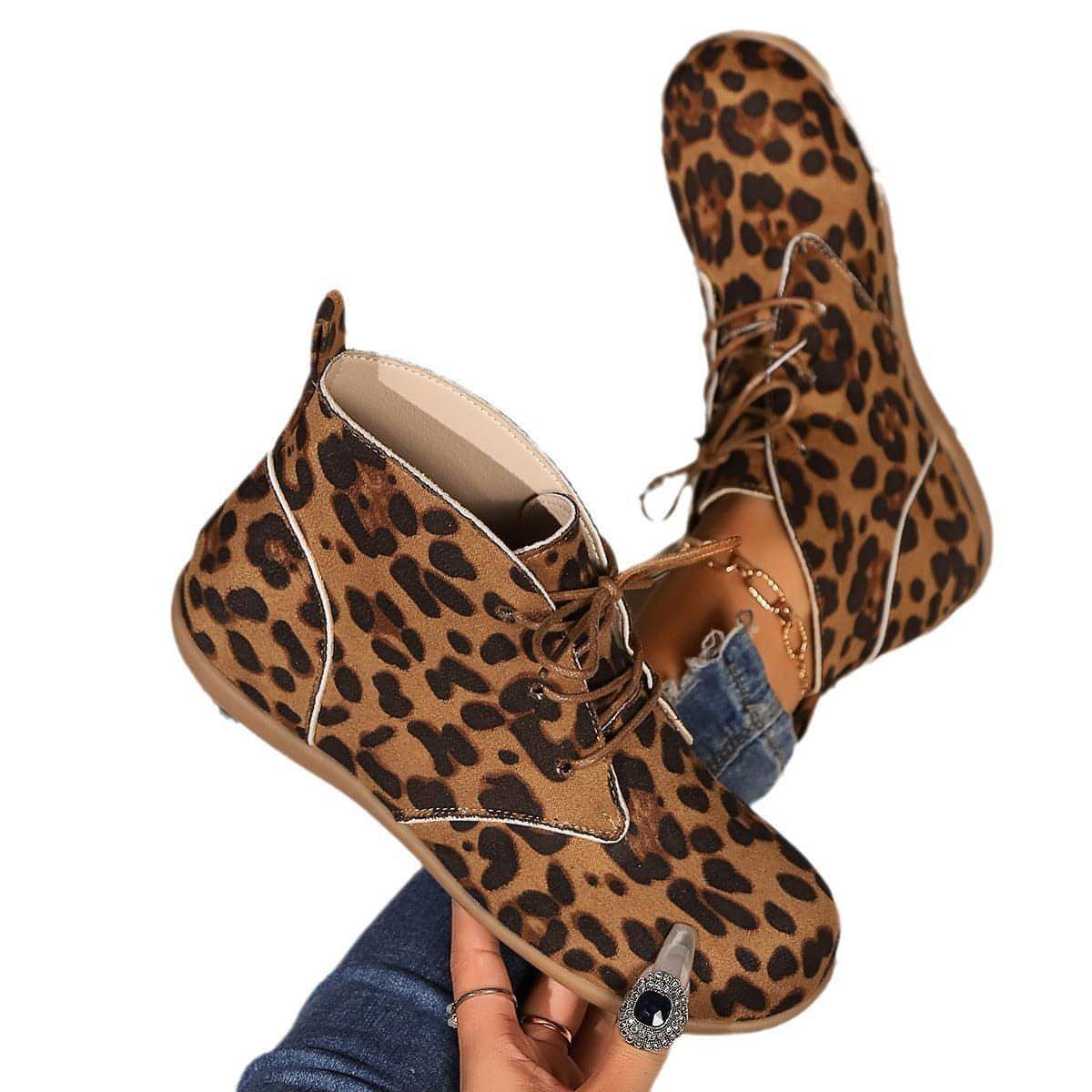 New Lace-up Flat Leopard Print Casual Boots Women