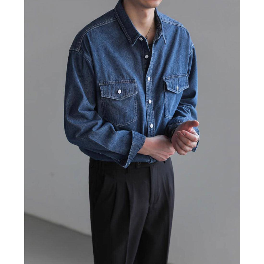 Minority Simple Long Sleeve Denim DressShirt Men's Loose