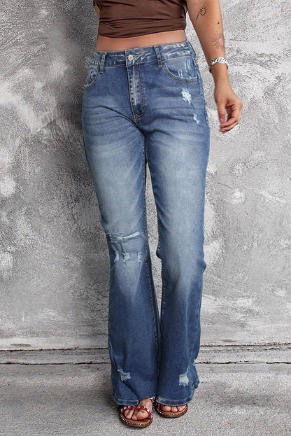 Blauwe noodlijdende flare jeans