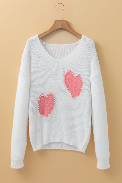 Hvit Pearl Beaded Heart Pattern Fuzzy V-hals genser