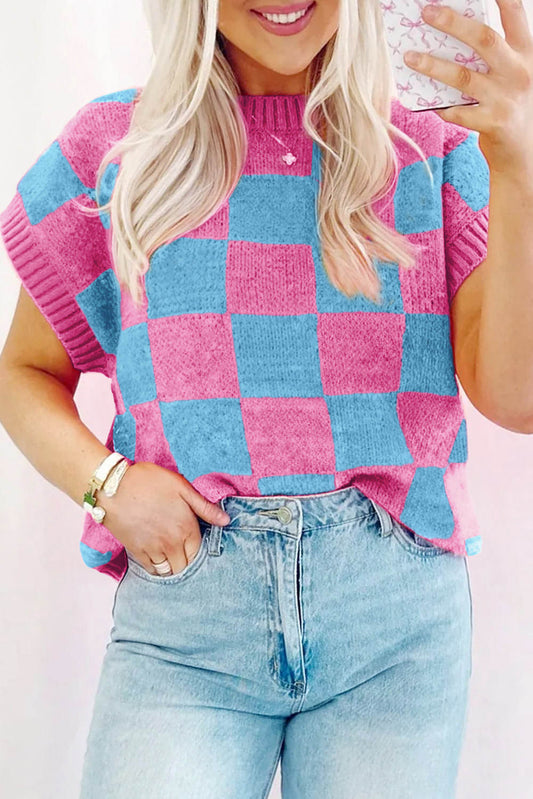 Sachet Pink Colorblock Plaid Plaid Padrive Ritbed Sweater Tampo