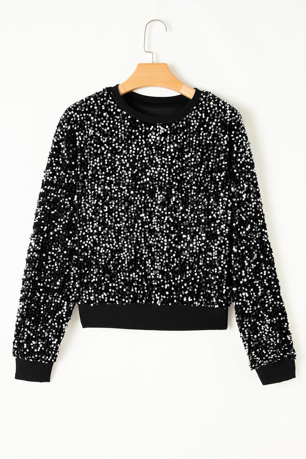 Zwart lovertjes Long Sleeve Crew Neck bijgesneden blouse