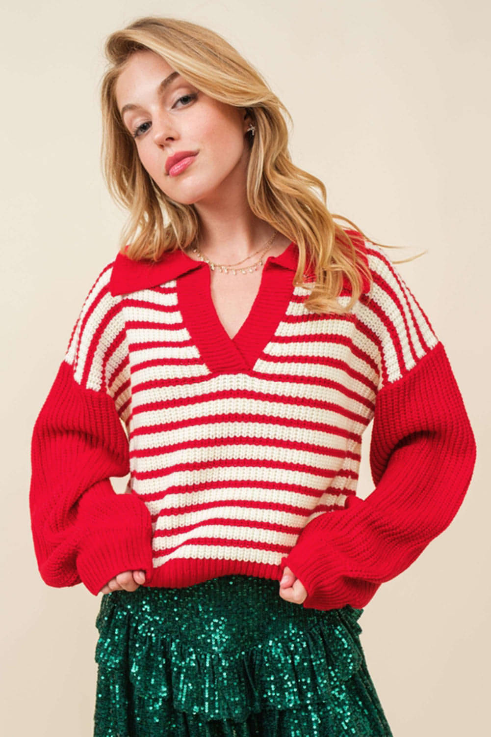 Red Stripe Lantern Sleeve V Golswar Drop Sweater