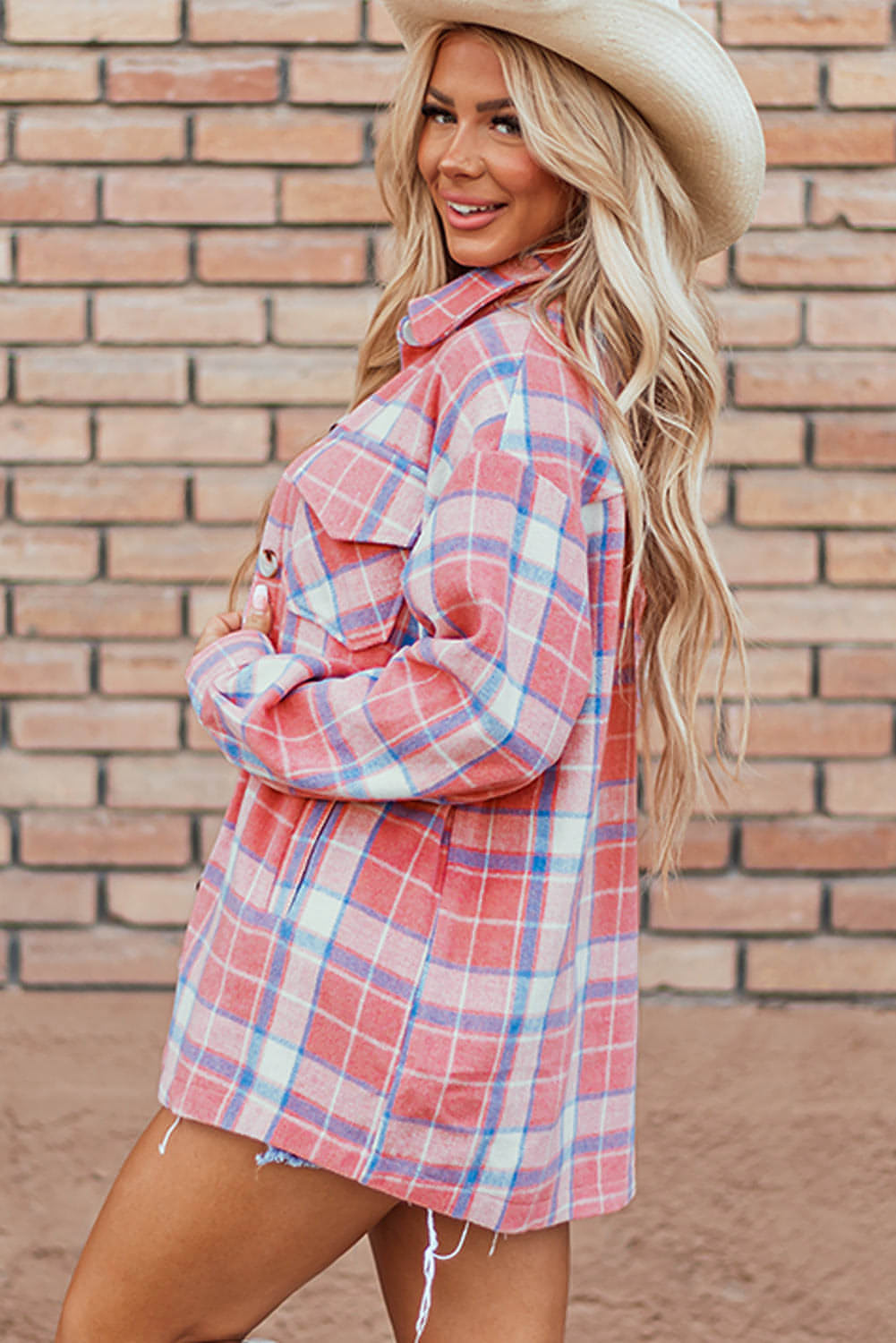 Pink Plaid Flap Pocket -knapp Up Shacket