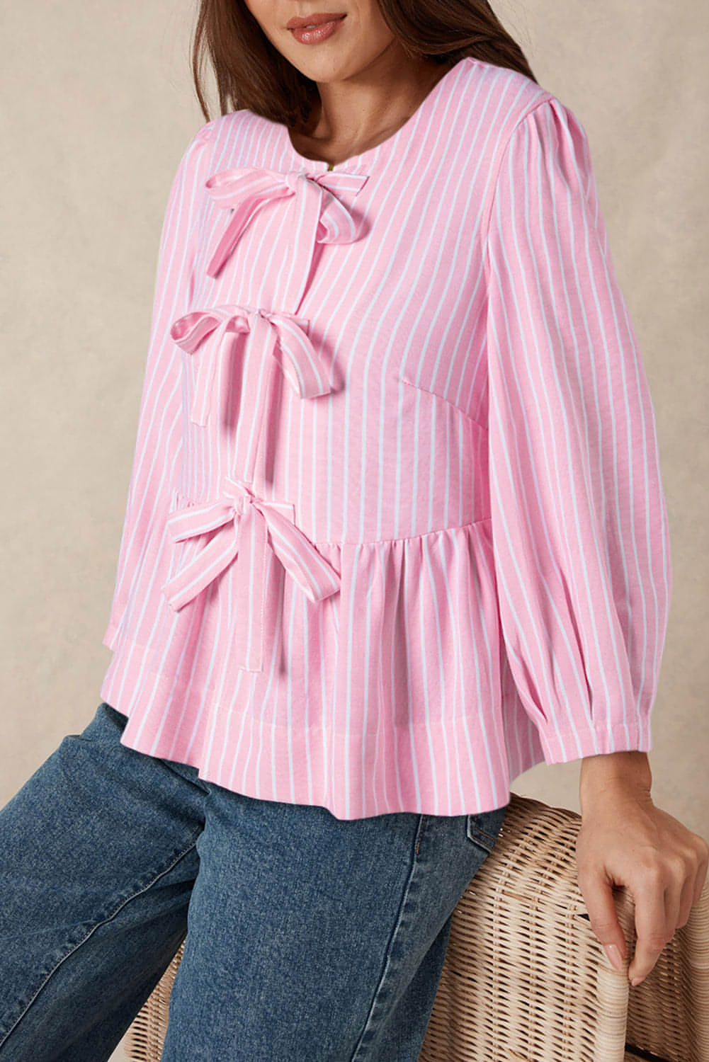 Pink Stripe Bowknot Front Crew Neck Puff Sleeve Bluse