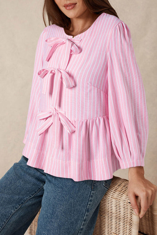 Pink Stripe Bowknot prednja posada za vrat bluza s puhanjem rukava