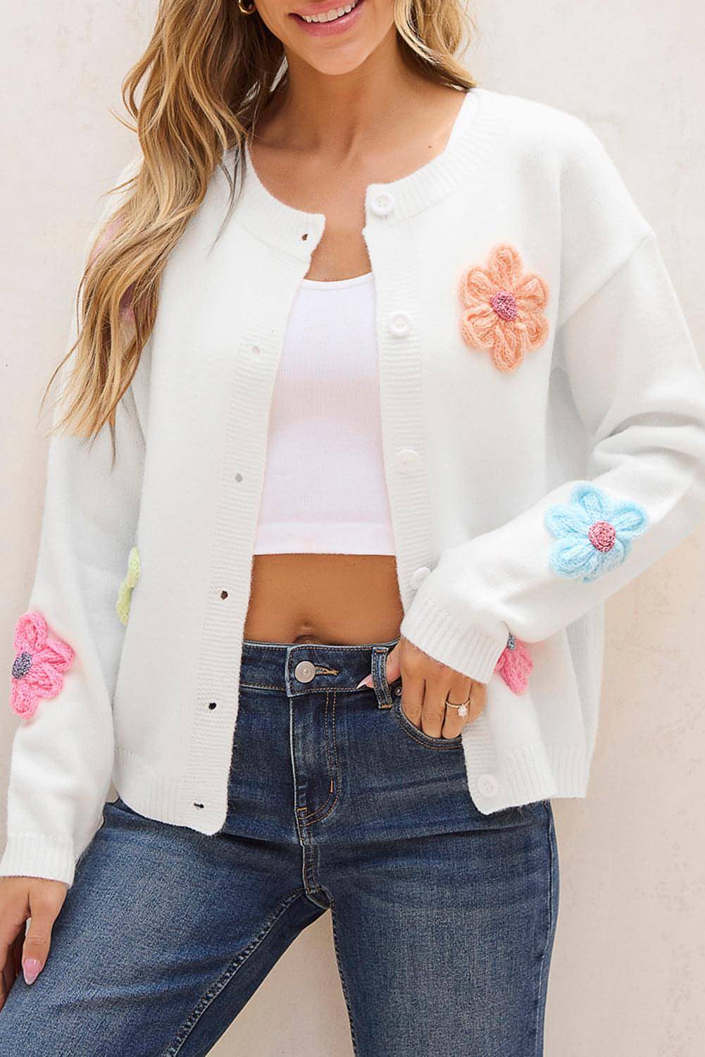 White Cute Knitted Floral Pattern Button Up Cardigan