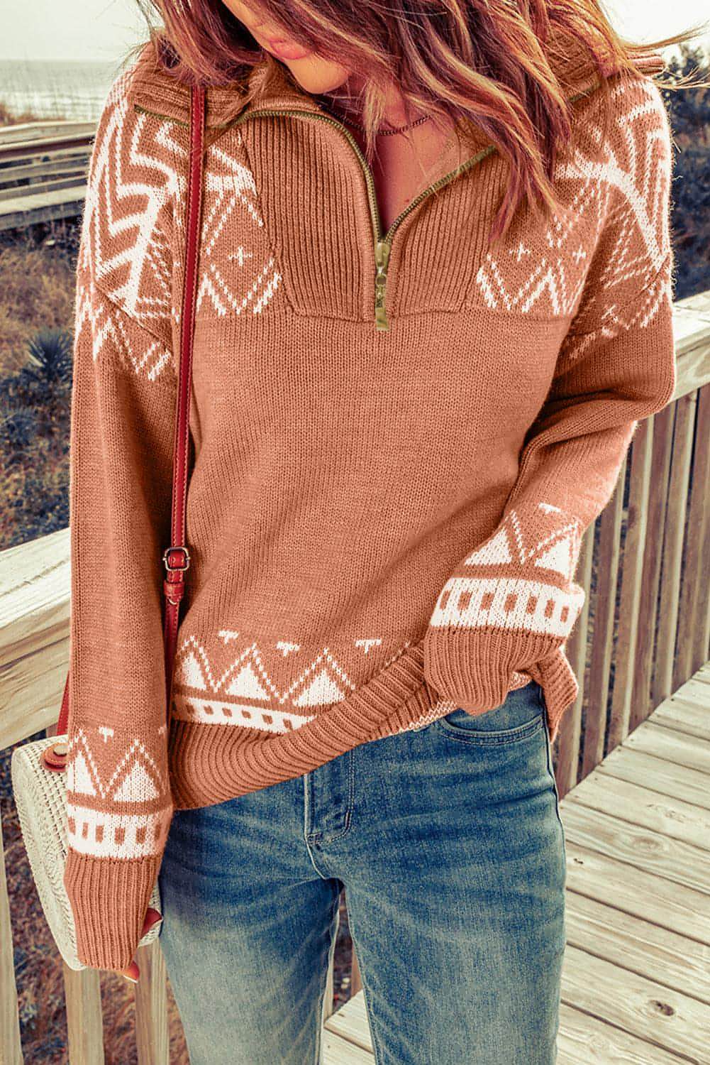 Pink Geometry Knit Quarter Zip Genser