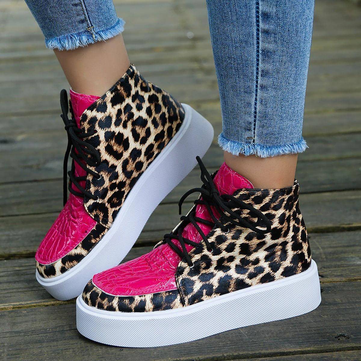 Autumn New High-top Leopard Print Flat-heeled Platform Lace Color Block Casual Women's Shoes