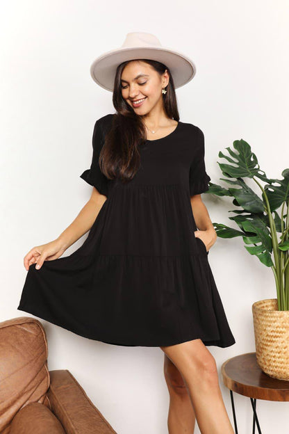 Mandy V-Neck Flounce Sleeve Steiled Dress