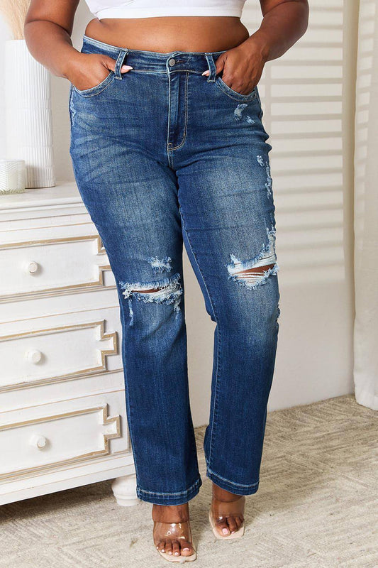 Judy azul em tamanho real Mid Rise Hand Sand & Destroy Bootcut Jeans