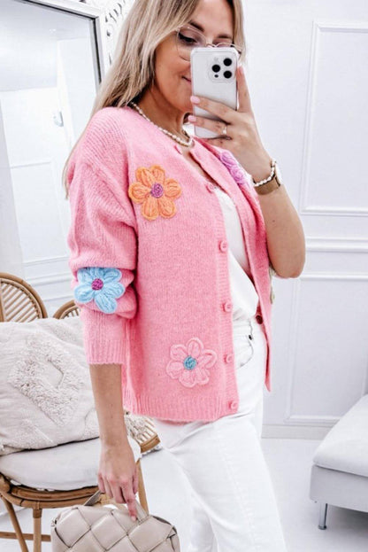 Pink Cute Knitting Floral Pattern Button Up Cardigan