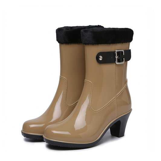 Botas de lluvia con hebilla de moda para mujer, cubiertas de zapatos de goma antideslizantes de tubo medio