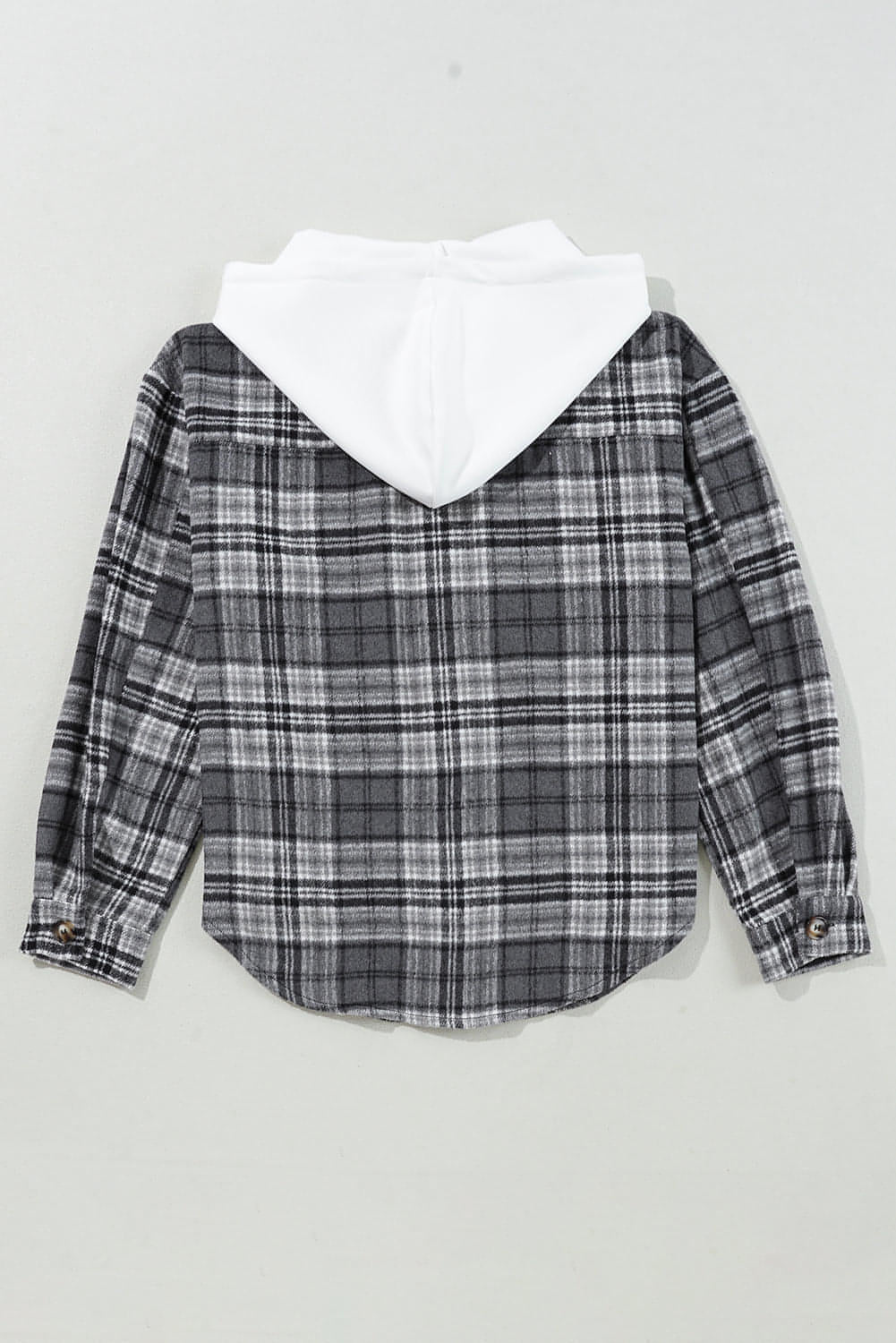 Black Plaid -Druckklappe Taschen kontrastieren Kapuze mit loser Shacket