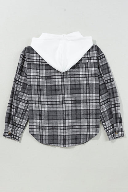 Black Plaid Print Flap Pockets Contrast Hooded Loose Shacket