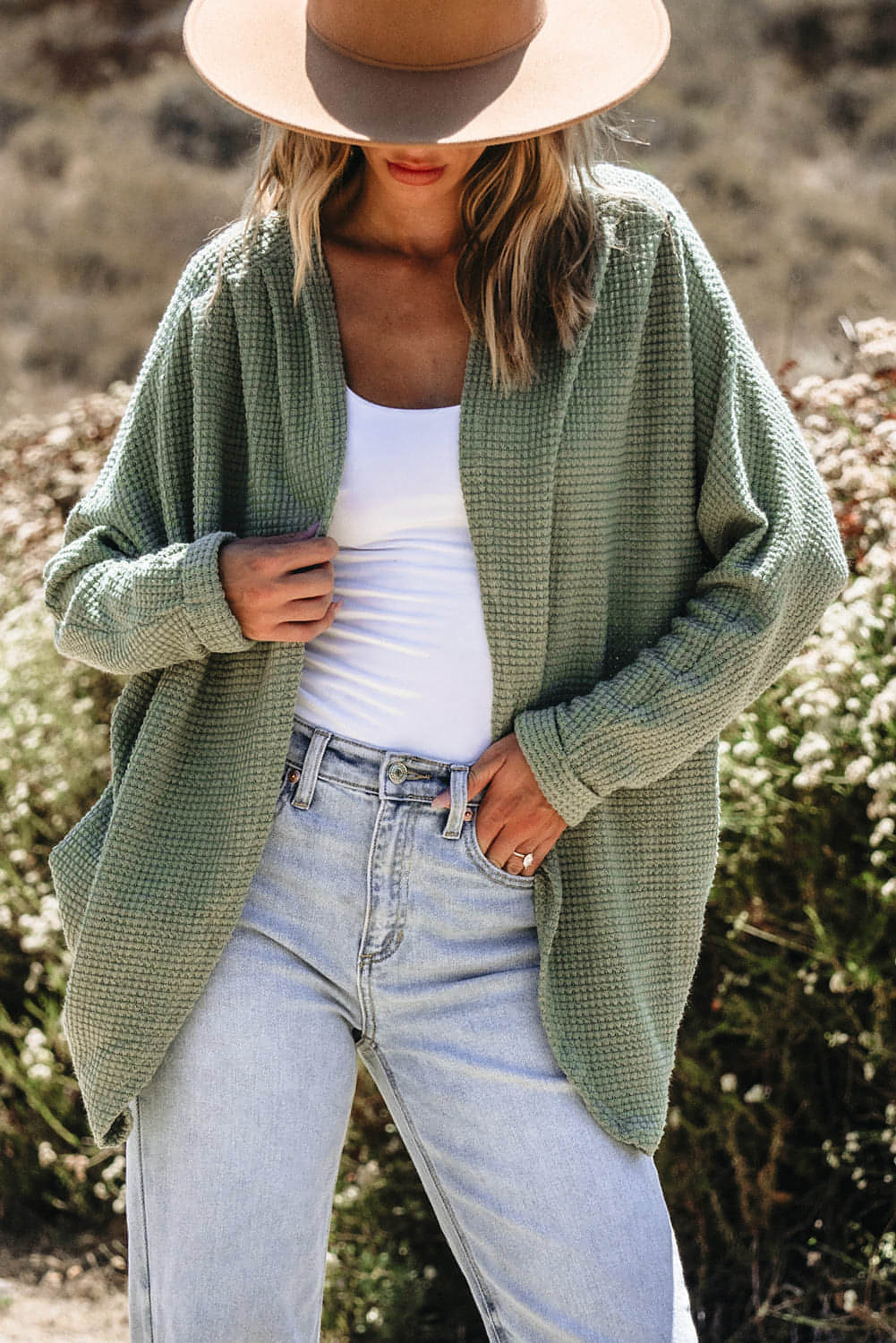 Laurel Green Waffle Like Open Front Cardigan