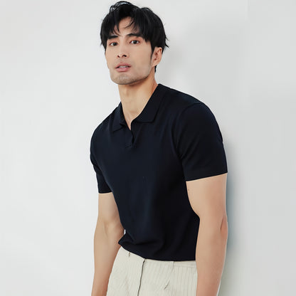 Lightly Mature Men's Lapel Knitted Polo Shirt Solid Color Short Sleeve T-Shirt