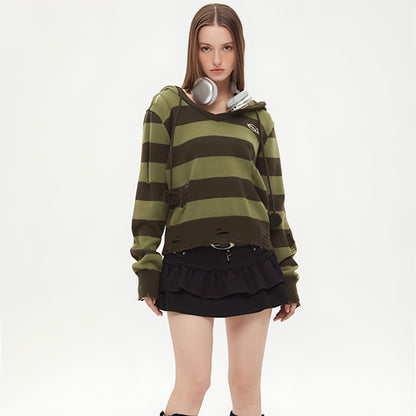 Autumn Hooded Sweater Women Contrast Stripe Thin