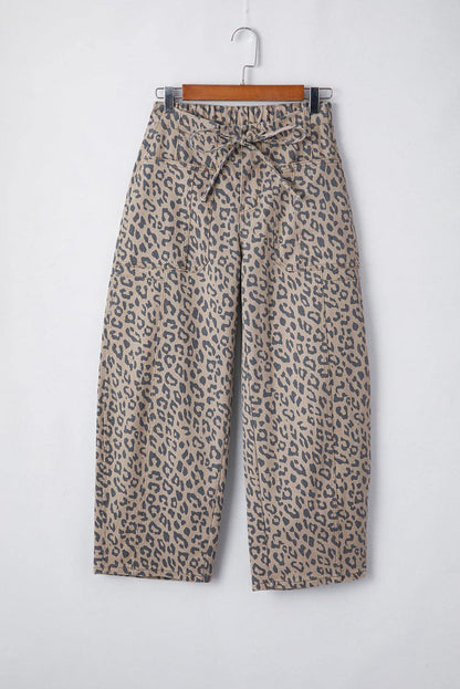 Khaki Leopard Printed Drawstring Waist Pocketed Wide Leg Jeans