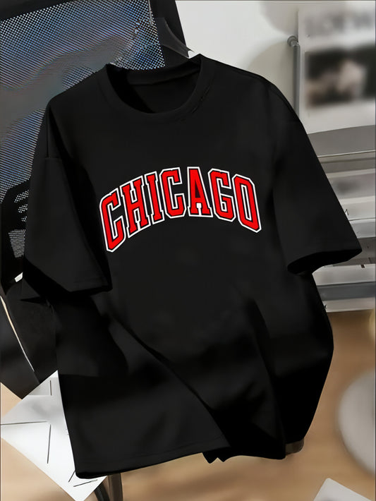 Visuais envolventes de impressão de Chicago, camiseta casual de mangas curtas para meninos - roupas legais, leves e confortáveis ​​de verão