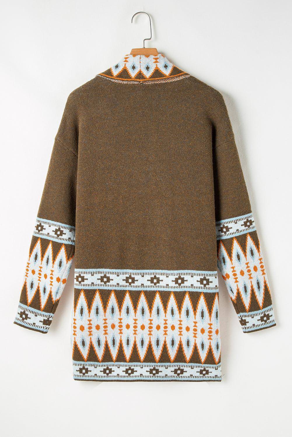 Brun Aztec Print Strikket cardigan med åpen front foran