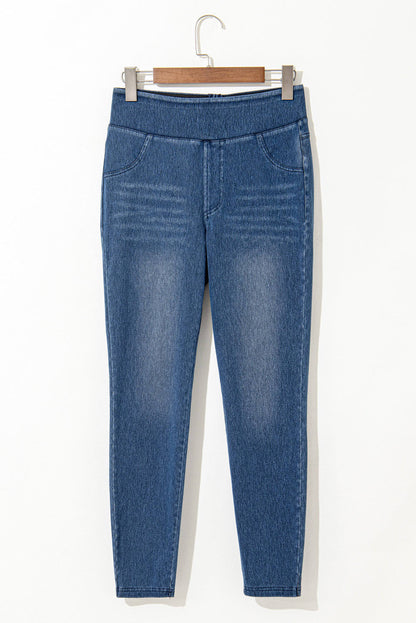 Marineblaue, schmale, knöchellange Jeggings mit mittlerer Taille und elastischem Bund und Taschen