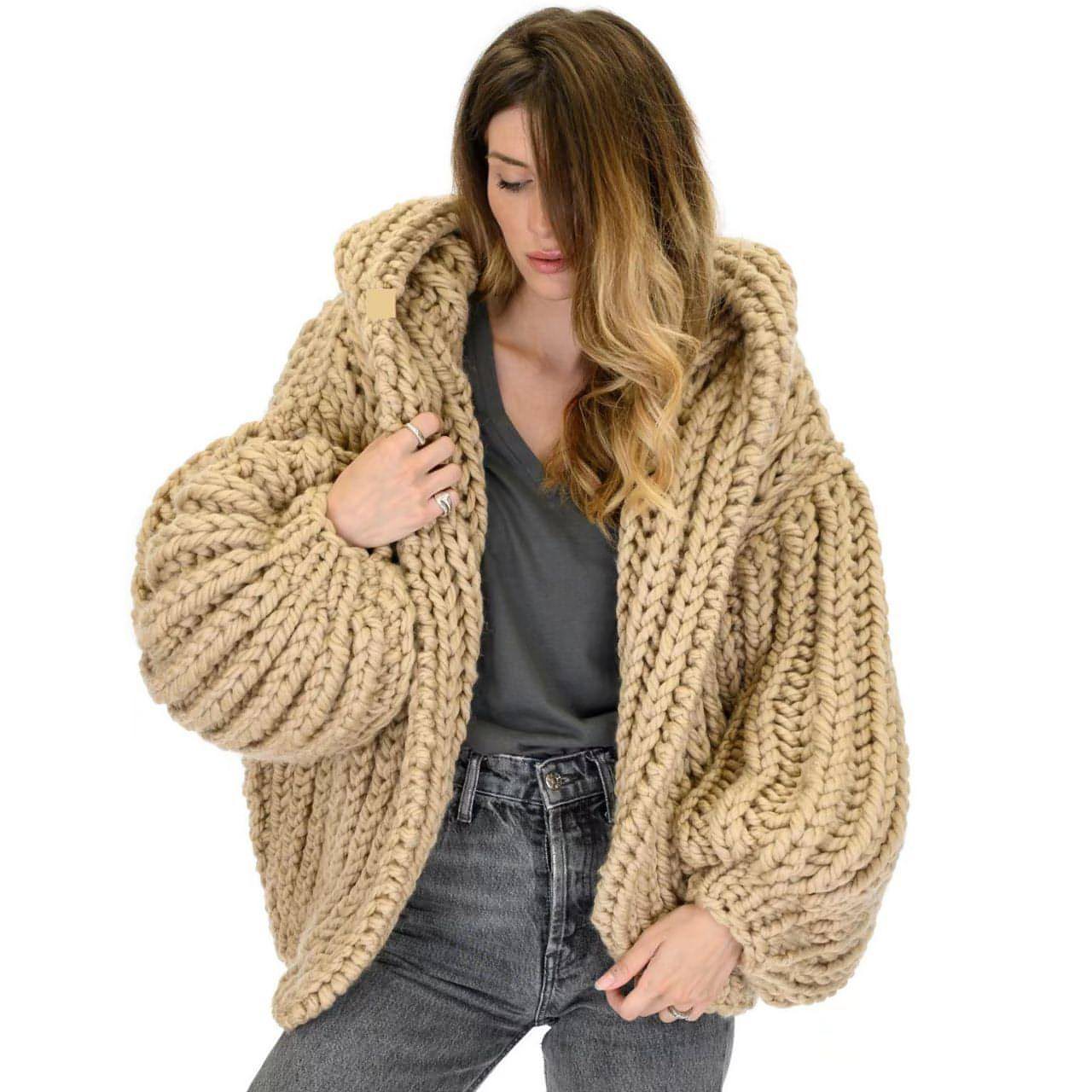 Loose And Hooded Cardigan Coat Handmade Knitting Needle Women's Knitted Sweater