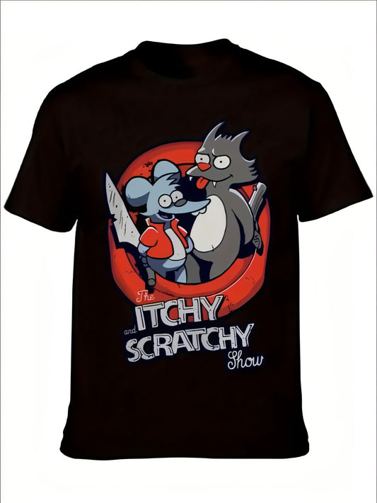 Camiseta estampada de cuello redondo negra con la imagen de Itchy Mouse And Scratch Cat Show