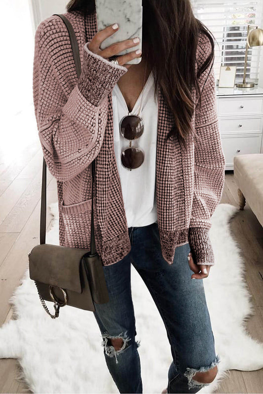 Roze grof wafelgebreid vest met oversized kraag