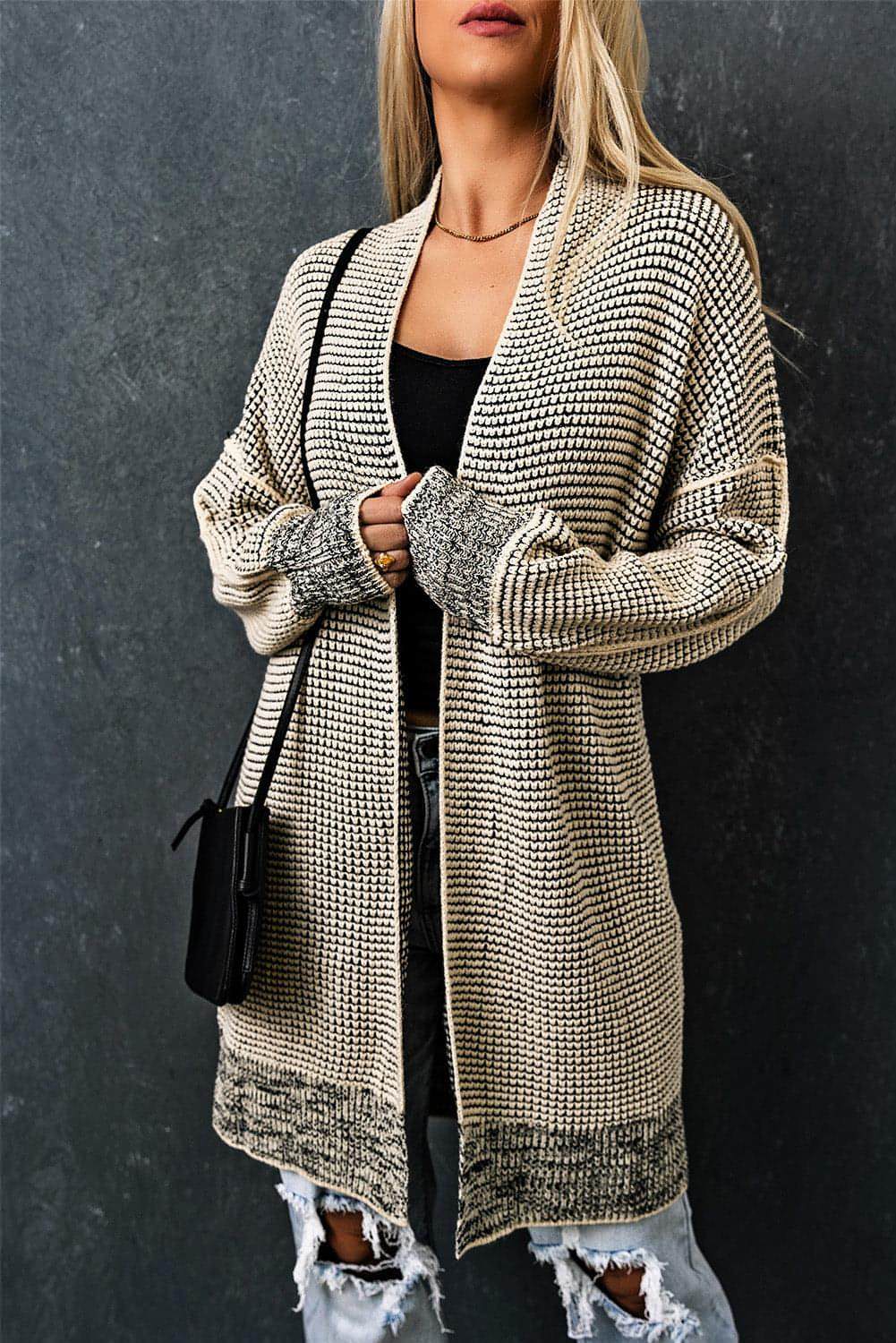 Aprikospläden stickad lång öppen front cardigan