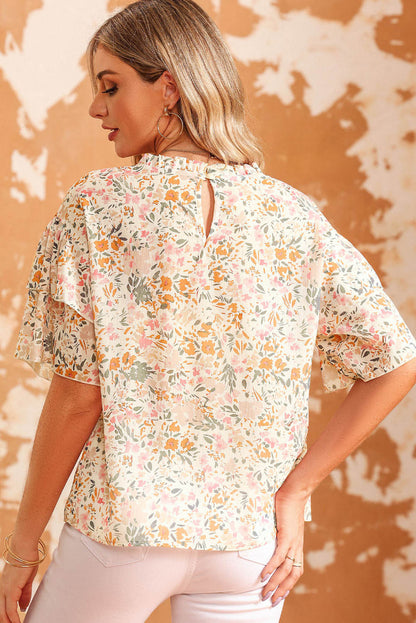 Multicolor Floral Print Wide Ruffle Blouse