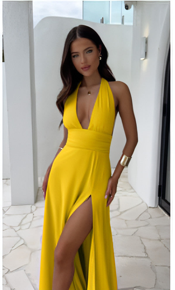 V-neck Slit Dress Summer Backless Strappy Skirt Fashion Temperament Clothing Women - WORLDSHOP