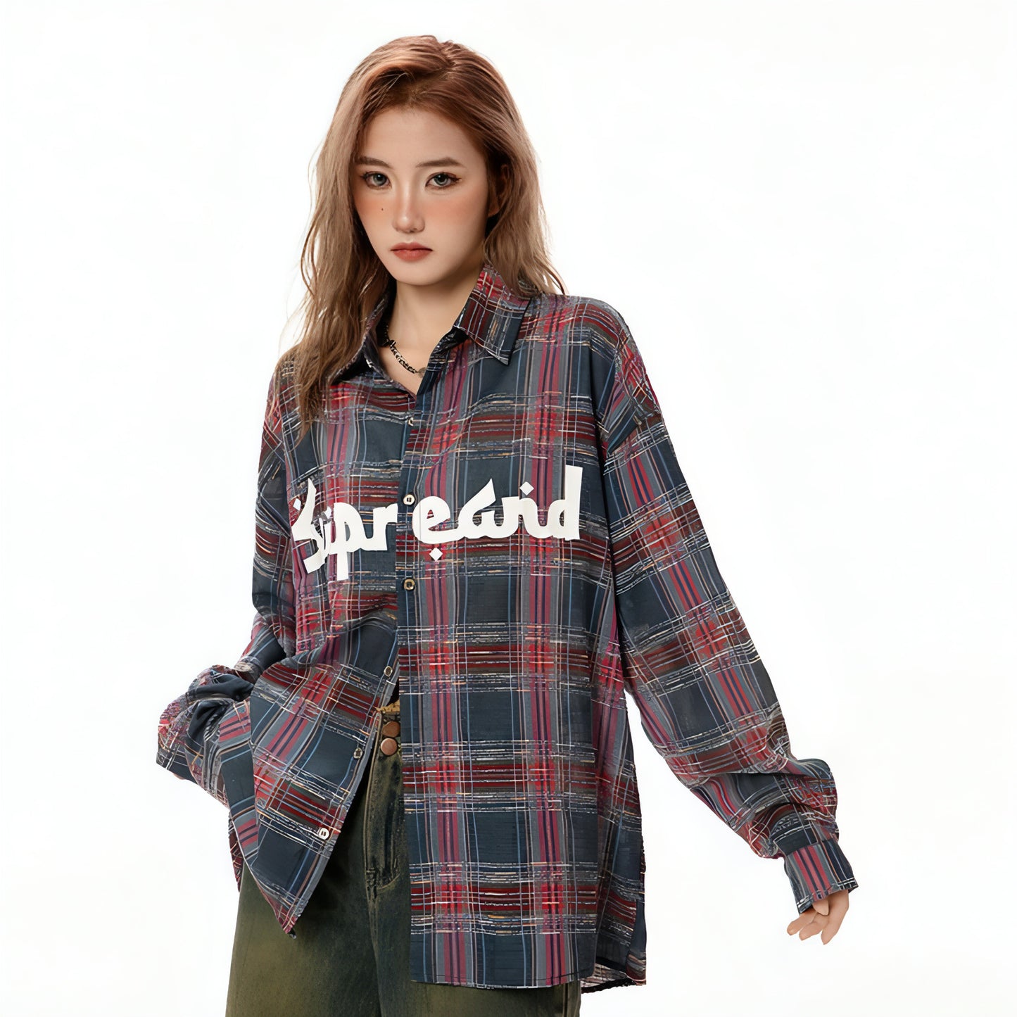 Color-contrast Check Letter Printed Long Sleeve DressShirt