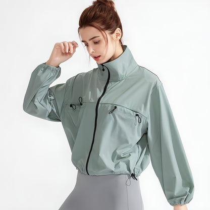 New Pocket Zipped Sports Coat Sun-proof Yoga Jacket Quick-drying Running Outdoors Workout Clothes Long-sleeved Top For Women