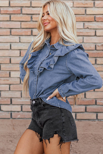 Mračni modri denim, ruffled priložnostni top