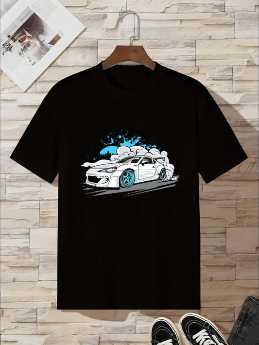 Camiseta informal juvenil de hombre con diseño de coche deportivo blanco