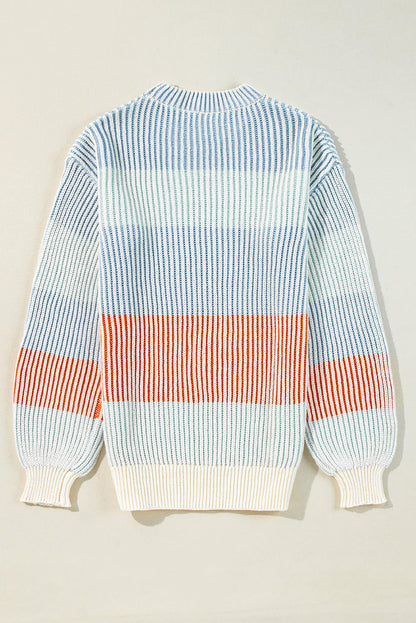 Multicolour Colorblock Textured Knit Bubble Sleeve Sweater