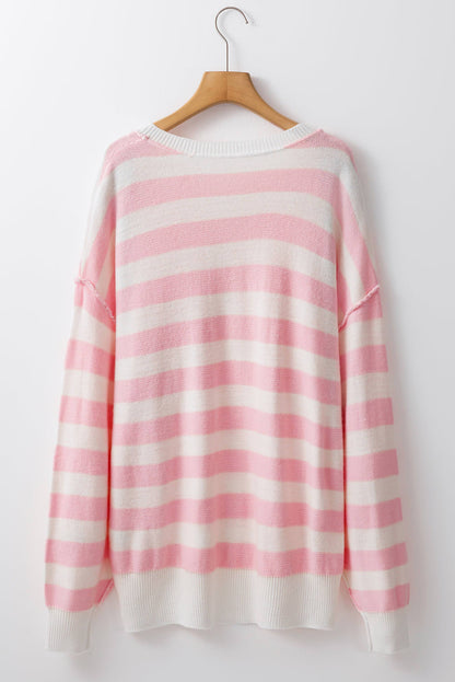 Pink Stripe Half Buttons Drop Shoulder Sweater