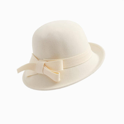 Sombrero bombín de lana retro elegante de estilo francés para mujer con lazo rizado