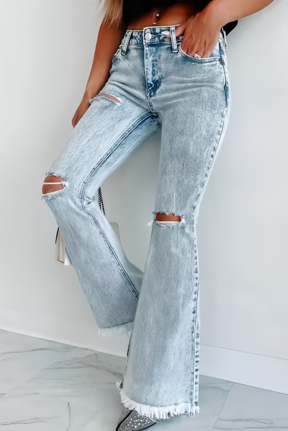 Women's Light Blue Wash High Waist Ripped Jeans