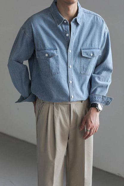 Minority Simple Long Sleeve Denim DressShirt Men's Loose