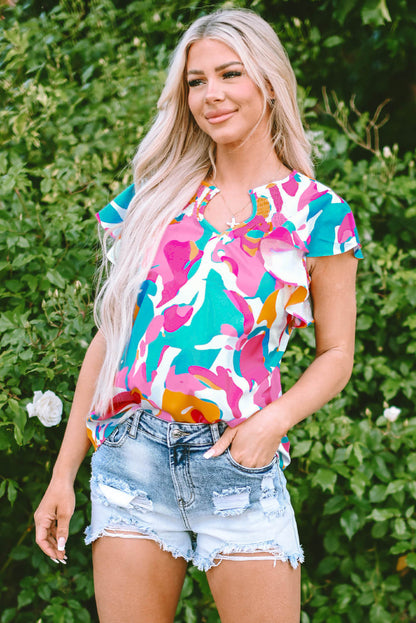 Blusa de manga de flagelo com estampa abstrata de impressão abstrata multicolor