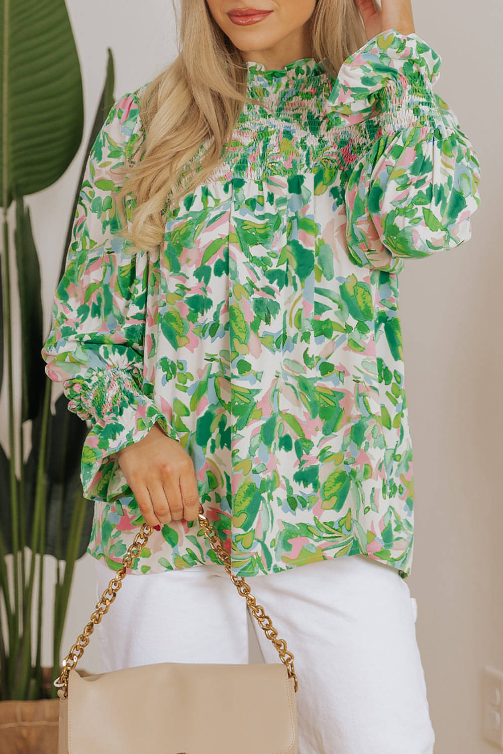 Green Leafy Printed Flounce Sleeve Shirred Mock Neck Blouse