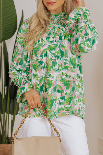 Green Leafy Printed Flounce Sleeve Shirred Mock Neck Blouse