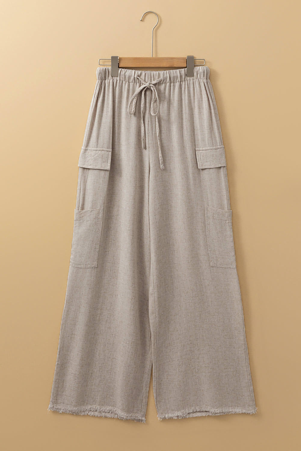 Beige Boho Linen Drawstring midja Rå kantlast Löst byxor