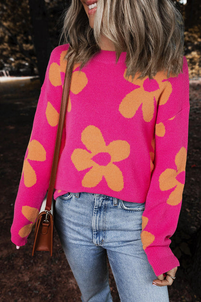 Suéter de manga larga con cuello alto y estampado de flores grandes en rosa