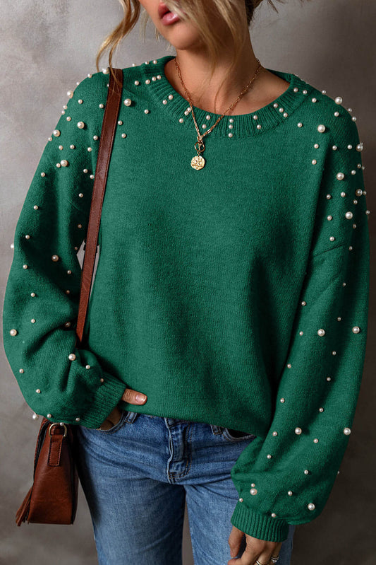 Maglione girocollo con spalle scese e perlate evergreen