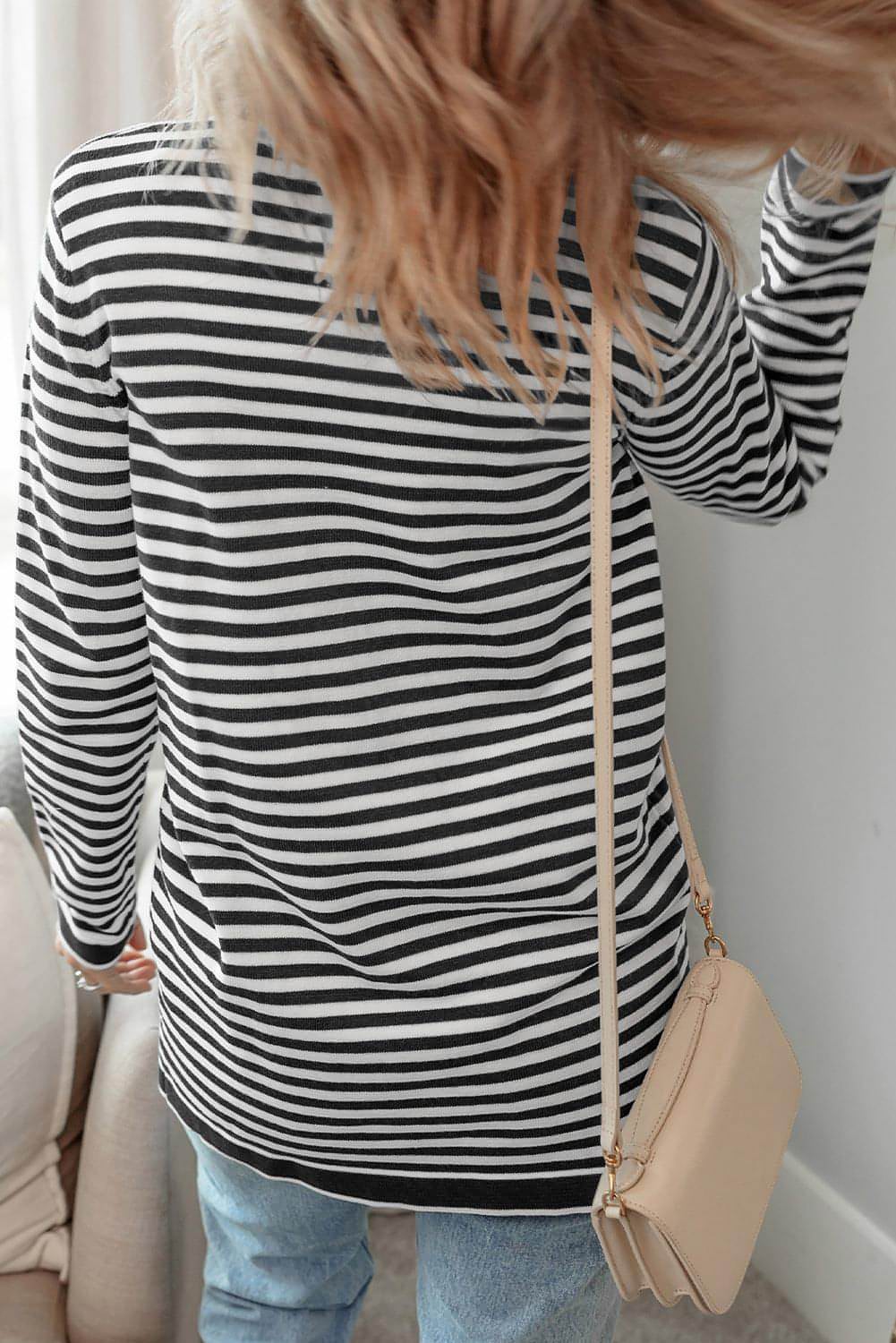 Black Stripe Gumb z dolgimi rokavi Up Tunic Cardigan