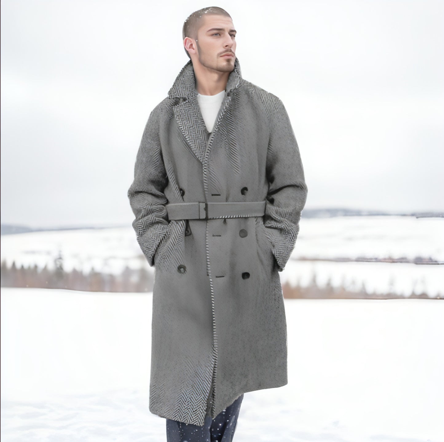 Fall Winter Men Mid-length Woolen Plaid Double Breasted Cotton Padded Thickened Coat