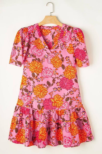 Mini vestido rosa floral com manga bolha v presa de pescoço